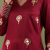 Floral Foil Print Dark Maroon Straight Kurta Set