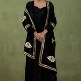 Black Plain Silk Velvet Straight Kurta And Pant With Velvet Shawl Set