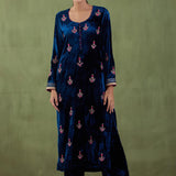 Peacock Blue Velvet Straight Zardosi Work Kurta And Plain Pant