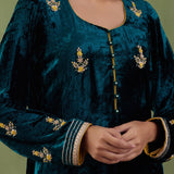 Emerald Green Velvet Straight Zardosi Work Kurta And Plain Pant