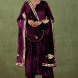 Dark Purple Plain Silk Velvet Straight Kurta And Pant With Velvet Shawl Set