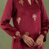 Maroon Foil Printed Mashru Silk Straight Kurta And Salwar With Velvet Shawl Set