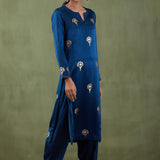 Dark Blue Foil Printed Mashru Silk Straight Kurta And Salwar With Velvet Shawl Set