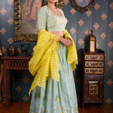 Sea Green Foil Printed Cotton Silk Lehenga Set With Dupatta