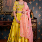 Lemon Yellow Foil Printed Cotton Silk Lehenga Set With Dupatta