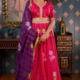 Rani Pink Printed Cotton Silk Lehenga Set With Dupatta
