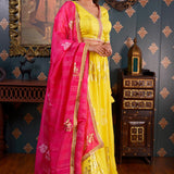 Lemon Yellow Printed Cotton Silk Lehenga Set With Dupatta