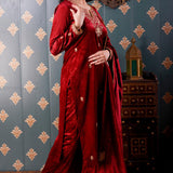 Embroidery Maroon Velvet Kurta Set