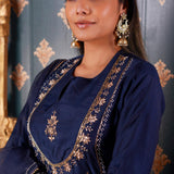 Hand Embroidery Navy Blue Cotton Silk Kurta Set