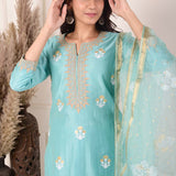 Turquoise Blue Foil Block Print Kurta Sharara Set With Dupatta