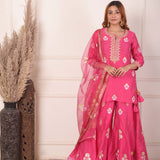 Pink Foil Block Print Kurta Sharara Set With Dupatta