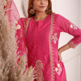 Pink Chanderi Straight Kurti With Pant And Dupatta