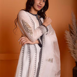 Ivory Foil Block Print Anarkali Set With Black Lace Work