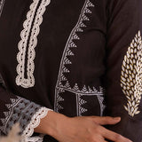 Black Foil Block Print Anarkali Set With White Lace Work