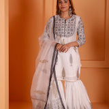 Black Foil Block Print Gharara Set With White Lace Work