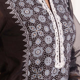White Foil Block Print Straight Kurta Set With Black Lace Work