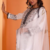 Black Foil Block Print Straight Kurta Set With Black Lace Work
