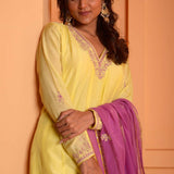Yellow Embroidery Kurta Palazzo Set With Contrast Dupatta