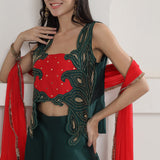 Dark Green Tafta Silk Lehnga Top And Dupatta Set