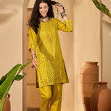 Mustard Green Cotton Hakoba Work Kurta Set