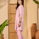Light Rose Pink Cotton Hakoba Work Kurta Set