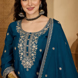 Teal Blue Chinon Silk Floral Embroidered Kurta Set