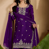 Royal Purple Chinon Silk Embroidered Kurta Set