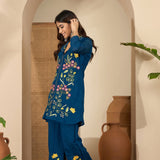 Dark Blue Floral Embroidered Polyester Co-Ord Set