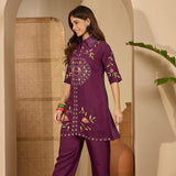 Dark Purple Floral Embroidered Polyester Co-Ord Set
