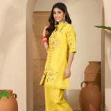 Bright Yellow Floral Embroidered Polyester Co-Ord Set