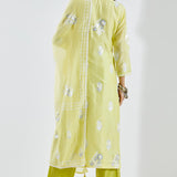 Printed Lime Green Kurti Set With Silver Floral Design