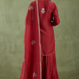 Dark Maroon Kurta Sharara Set With Gold Lace Work Bottom