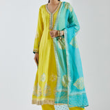 Lemon Yellow Anarkali Set With Gold And Silver Print