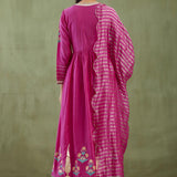 Dark Pink Cotton Silk Anarkali Suit Set With Floral Design