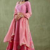 Floral Printed Pink Chanderi Lehenga Set