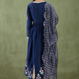 Dark Blue Cotton Silk Anarkali Suit Set With Floral Design