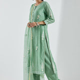 Light Mint Green Kurti Set With Silver Floral Design