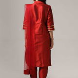 Maroon Raw Silk Kurti With Pants And Dupatta