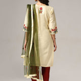 Cream Raw Silk Kurti With Pants And Dupatta