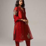 Maroon Raw Silk Kurti With Pants And Net Dupatta