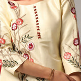 Cream Raw Silk Kurti With Contrast Pants And Netted Dupatta Set