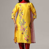 Yellow Raw Silk Kurti With Pants And Dupatta