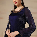 Dark Blue Soft Organza Hand Embroidered Kurti Set