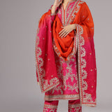 Bright Fuchsia Pink Dupion Silk Embroidered Kurti Set