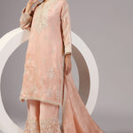 <img> Peach Pink Organza Thread Embroidered Kurti Set