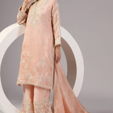 <img> Peach Pink Organza Thread Embroidered Kurti Set