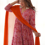 Pink Floral Anarkali Set With Orange Pant And Dupatta