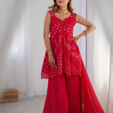 Red Flared Kurti And Palazzo Set