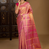 Golden Bright Pink Floral Kanjivaram Silk Saree