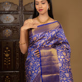 Bright Blue Floral Kanjivaram Silk Saree